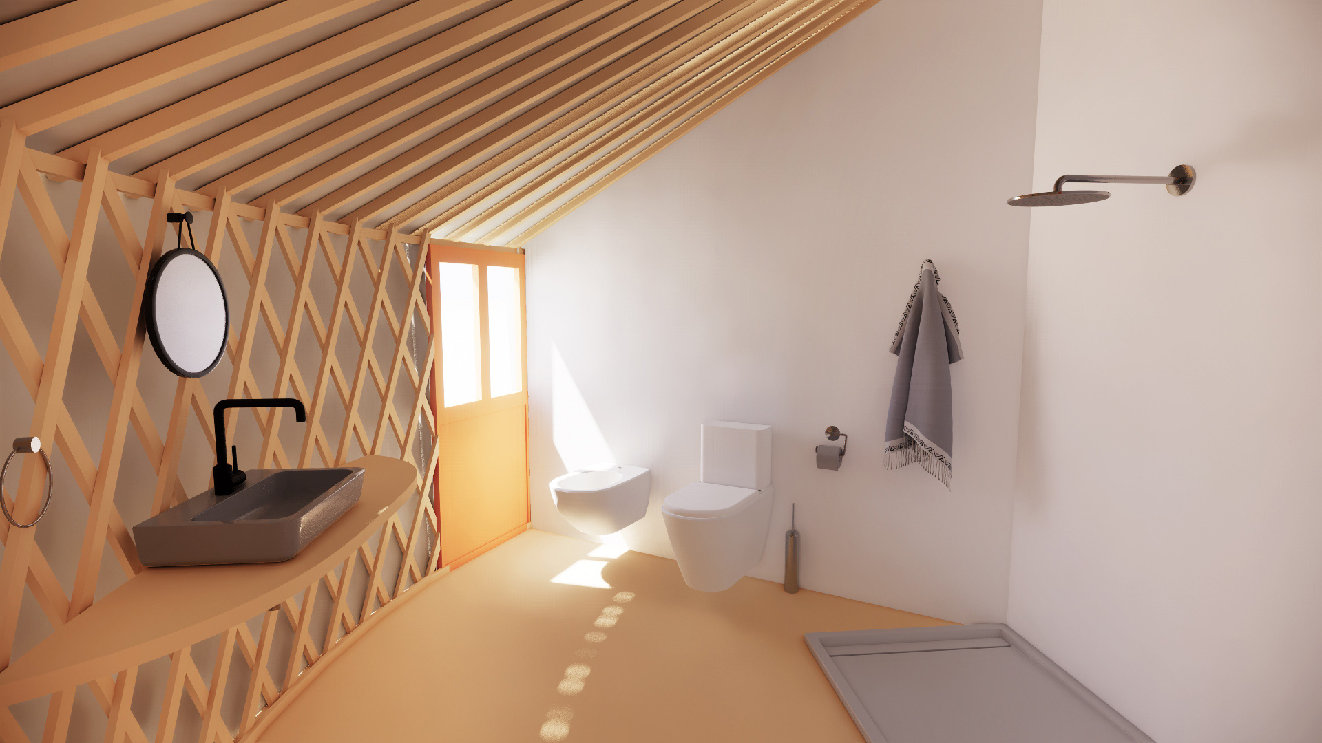 Bagno moderno all’interno di una yurta in legno, con lavandino sospeso, doccia e luce naturale.