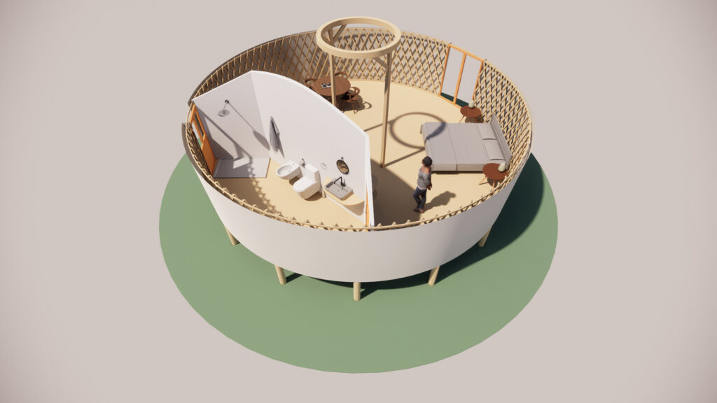 Vista dall'alto di una yurta moderna con bagno privato, letto matrimoniale e area pranzo, progettata con un design sostenibile e minimalista.