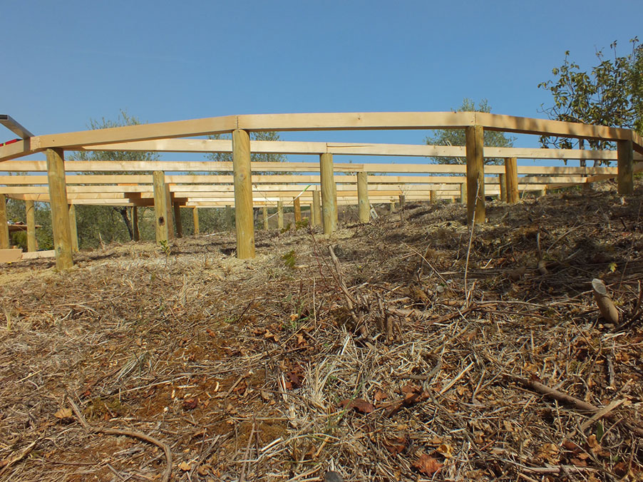 Fondamenta in legno per una piattaforma rialzata su un terreno in pendenza, con pali di supporto e travi orizzontali.